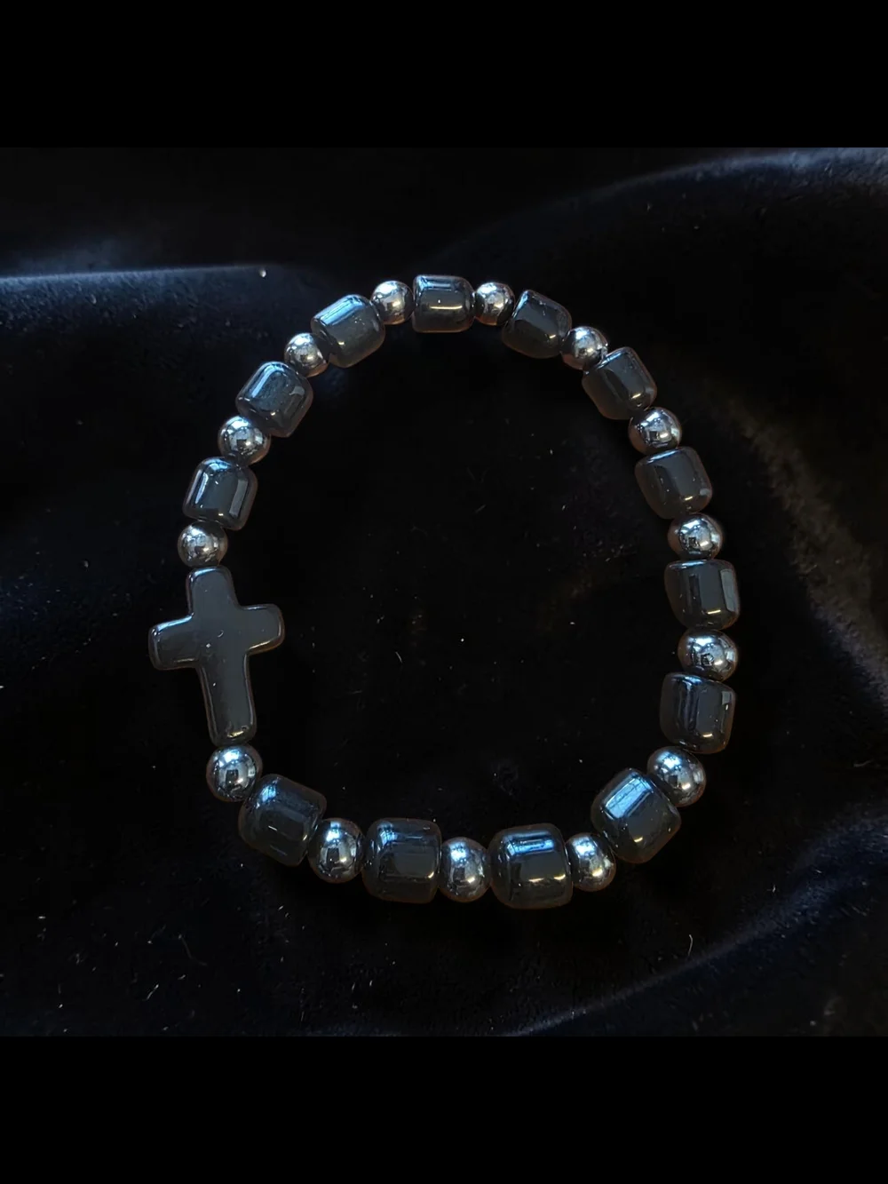 Handmade Black Cross Stretch Bracelet Hematite Spacer Beads NWT